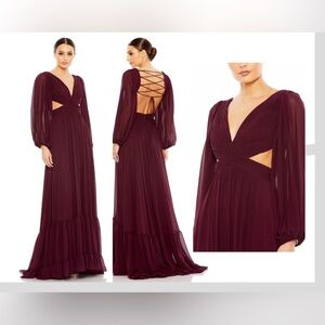 Mac Duggal NWT #67948 Plum Criss Cross Waist Bishop Sleeve Cut Out Dress Size 6